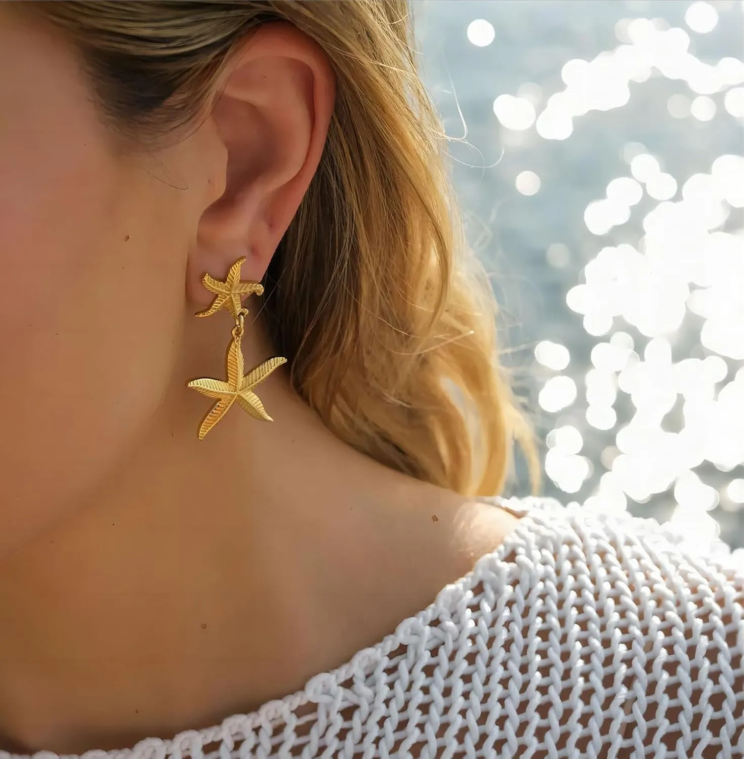 Starfish Earrings for Women,Gold Plated Starfish Dangle Earrings Fashion Mermaid Earring Cubic Zirconia Starfishs Stud Earring Boho Seashell Star Summer Beach Jewelry