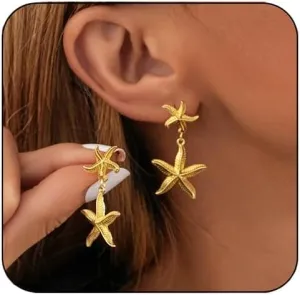 Starfish Earrings for Women,Gold Plated Starfish Dangle Earrings Fashion Mermaid Earring Cubic Zirconia Starfishs Stud Earring Boho Seashell Star Summer Beach Jewelry