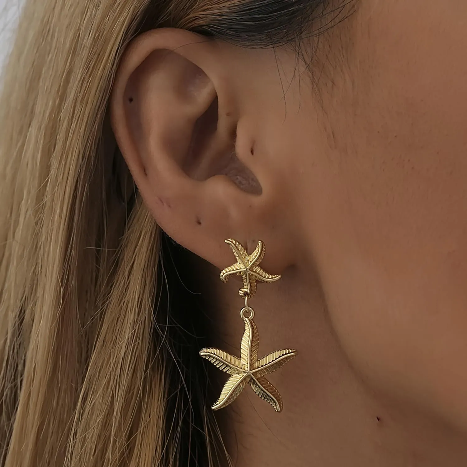 Starfish Earrings for Women,Gold Plated Starfish Dangle Earrings Fashion Mermaid Earring Cubic Zirconia Starfishs Stud Earring Boho Seashell Star Summer Beach Jewelry