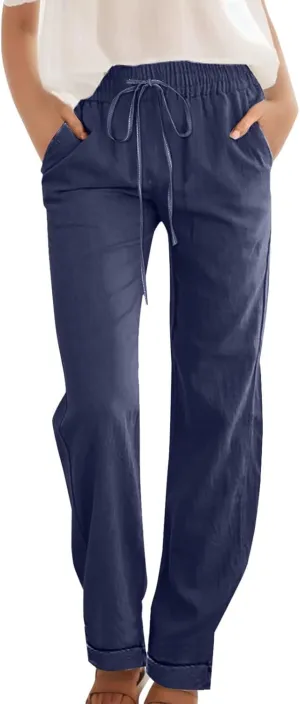 Straight Leg Linen Pants for Women 2025 Summer Slim Leg Elastic Waist Trousers Fashion Casual Lounge Work Office Pant