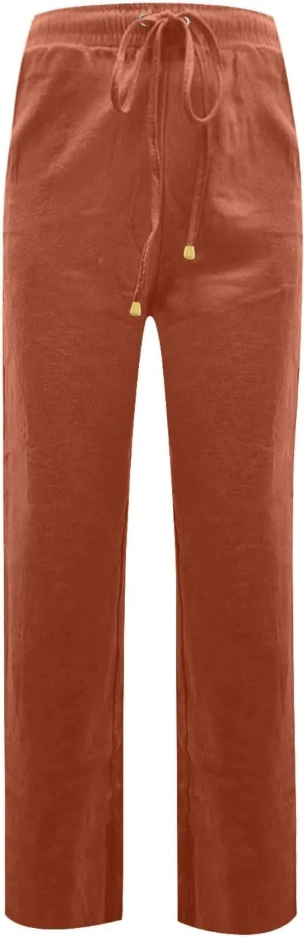 Straight Leg Linen Pants Women Summer High Waist Loose Casual Pants Comfy Lightweight Breathable Vacation Travel Pants