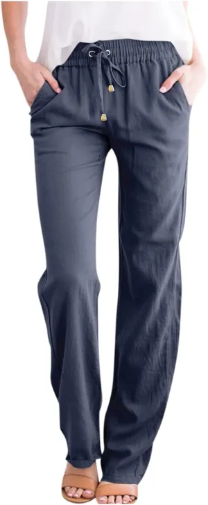 Straight Leg Linen Pants Women Summer High Waist Loose Casual Pants Comfy Lightweight Breathable Vacation Travel Pants