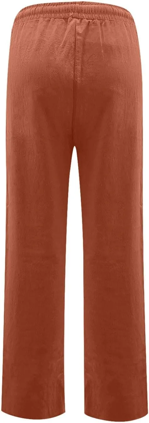 Straight Leg Linen Pants Women Summer High Waist Loose Casual Pants Comfy Lightweight Breathable Vacation Travel Pants
