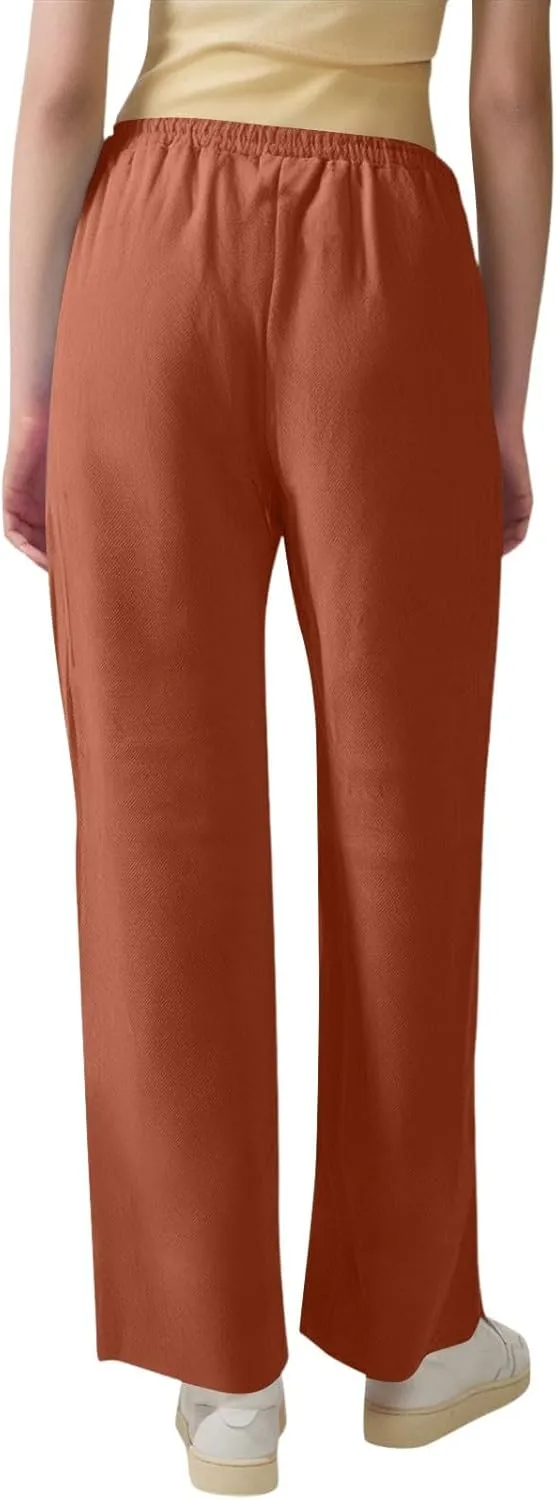 Straight Leg Linen Pants Women Summer High Waist Loose Casual Pants Comfy Lightweight Breathable Vacation Travel Pants