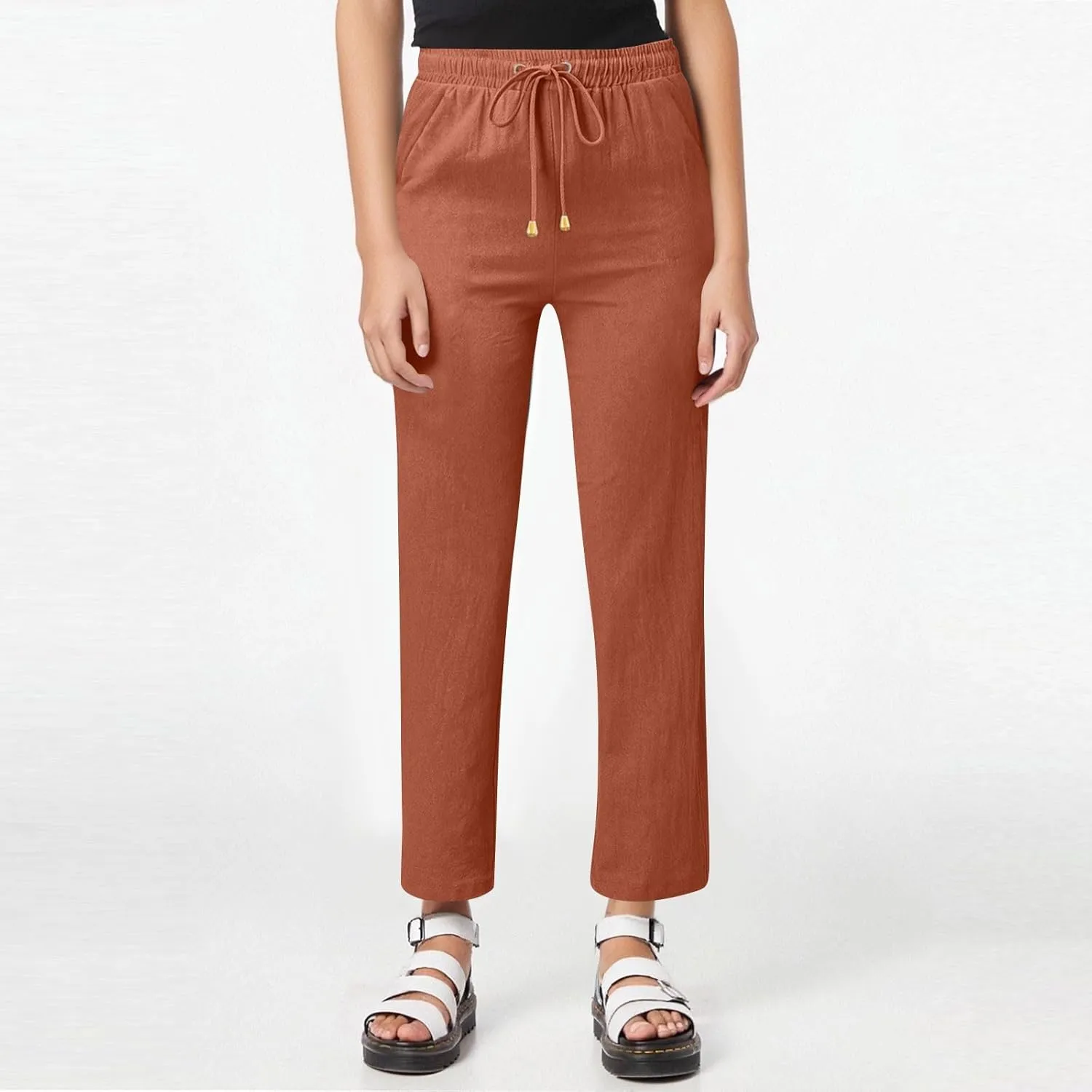 Straight Leg Linen Pants Women Summer High Waist Loose Casual Pants Comfy Lightweight Breathable Vacation Travel Pants