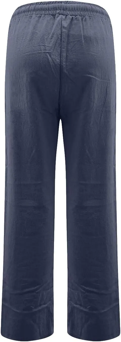 Straight Leg Linen Pants Women Summer High Waist Loose Casual Pants Comfy Lightweight Breathable Vacation Travel Pants