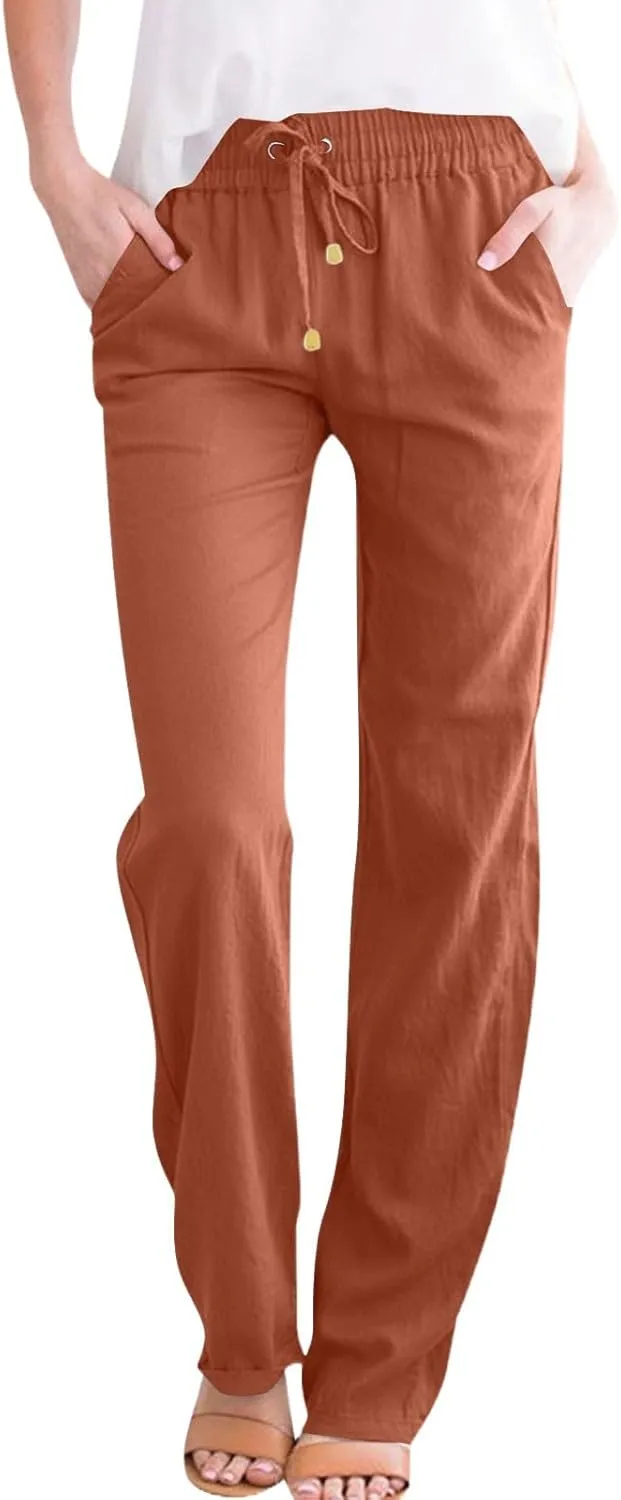 Straight Leg Linen Pants Women Summer High Waist Loose Casual Pants Comfy Lightweight Breathable Vacation Travel Pants