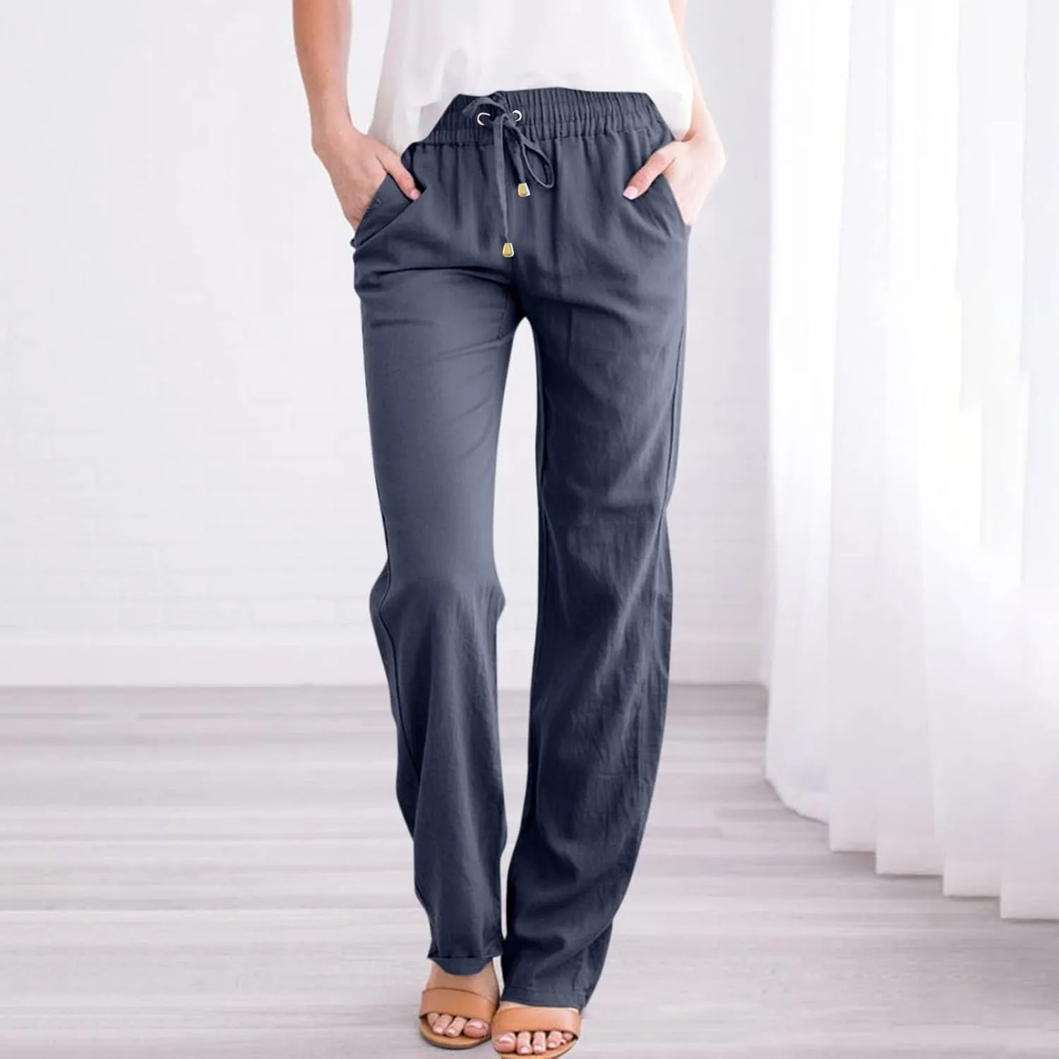 Straight Leg Linen Pants Women Summer High Waist Loose Casual Pants Comfy Lightweight Breathable Vacation Travel Pants