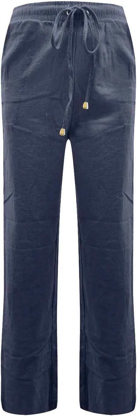 Straight Leg Linen Pants Women Summer High Waist Loose Casual Pants Comfy Lightweight Breathable Vacation Travel Pants