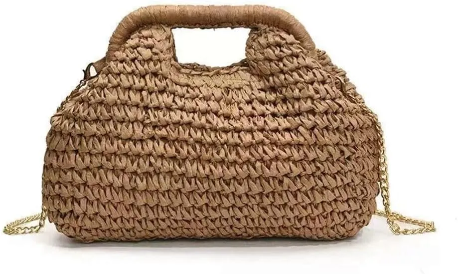 Straw and wooden handle handbag for women summer beach weaving evening wear dumplings casual shoulder bag wallet