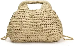 Straw and wooden handle handbag for women summer beach weaving evening wear dumplings casual shoulder bag wallet