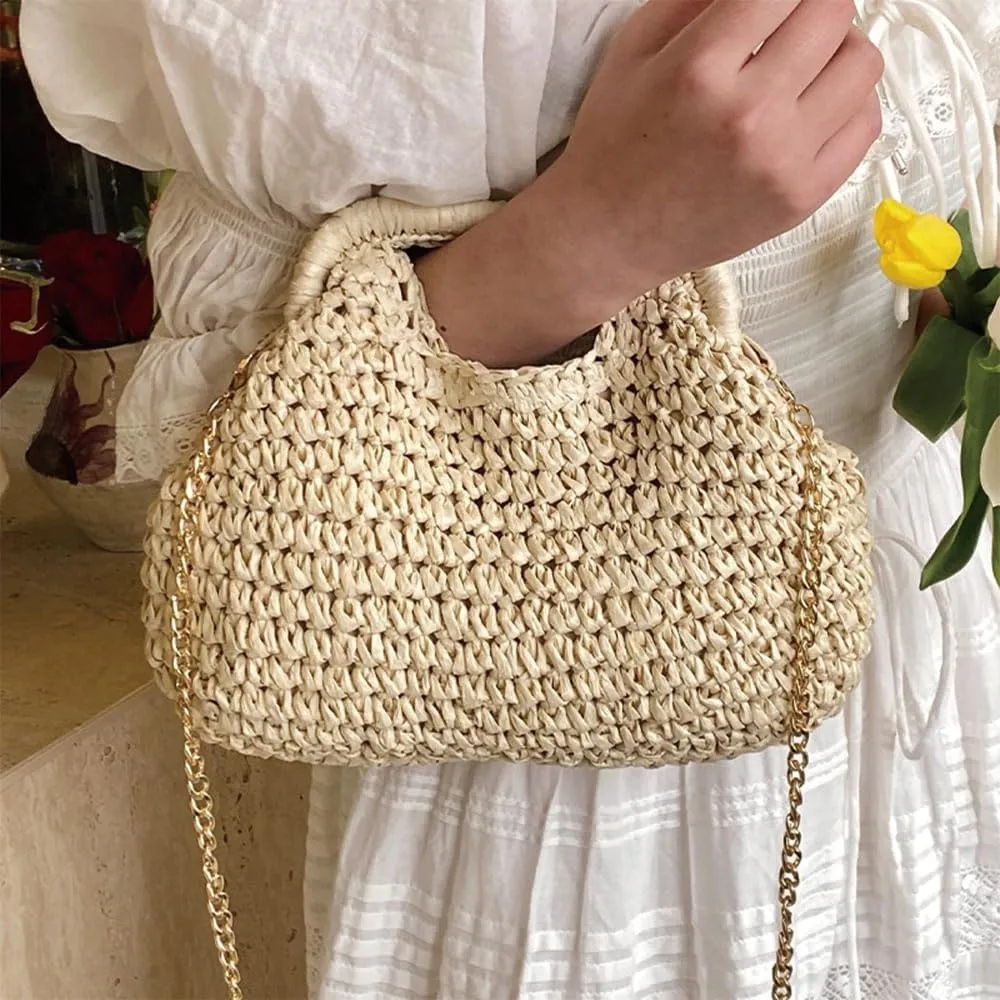 Straw and wooden handle handbag for women summer beach weaving evening wear dumplings casual shoulder bag wallet
