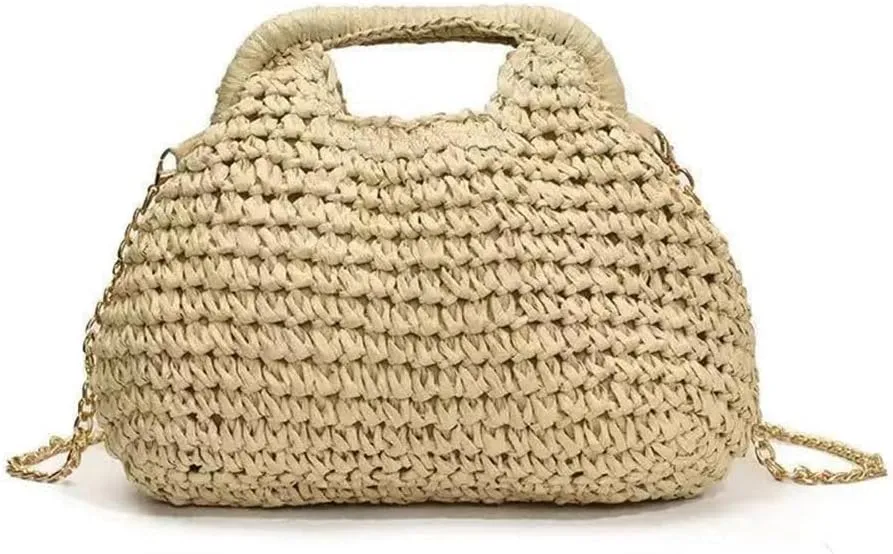 Straw and wooden handle handbag for women summer beach weaving evening wear dumplings casual shoulder bag wallet