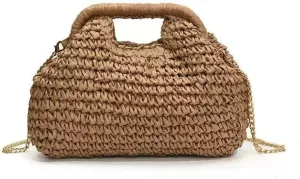 Straw and wooden handle handbag for women summer beach weaving evening wear dumplings casual shoulder bag wallet