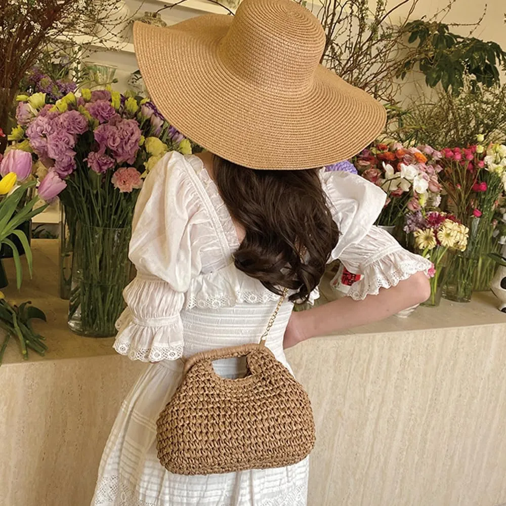 Straw and wooden handle handbag for women summer beach weaving evening wear dumplings casual shoulder bag wallet