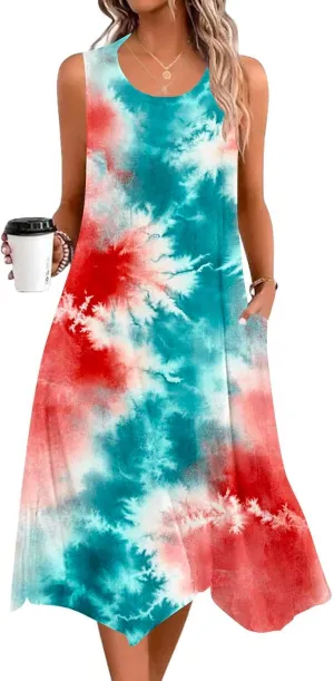 Summer Dresses for Women 2025 Sleeveless Floral Midi Dress Casual Tank Dress Loose Flowy Beach Dress with Pockets