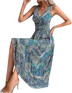 Summer Maxi Dresses for Women 2024 Casual Sundresses Long Floral Dress Sexy Sleeveless Boho Dress Flowy Dress, Small