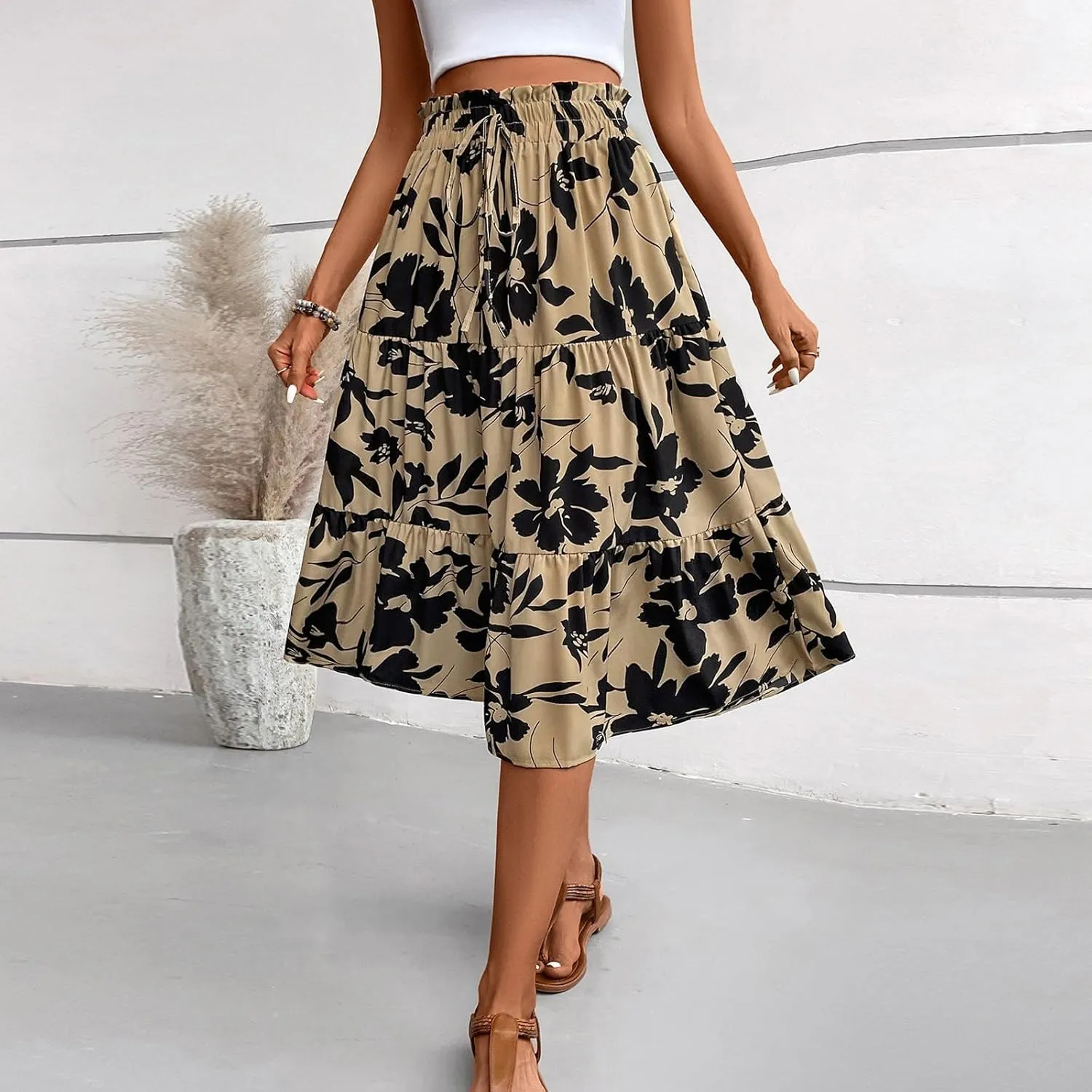 Summer Skirt for Women Comfy Tiered Elastic High Waisted Pleated Skirts Vacation A-Line Flowy Swing Long Skirts