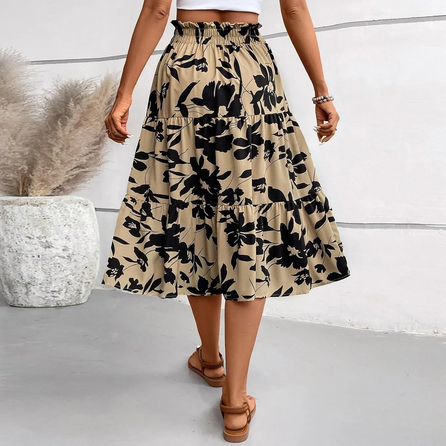 Summer Skirt for Women Comfy Tiered Elastic High Waisted Pleated Skirts Vacation A-Line Flowy Swing Long Skirts