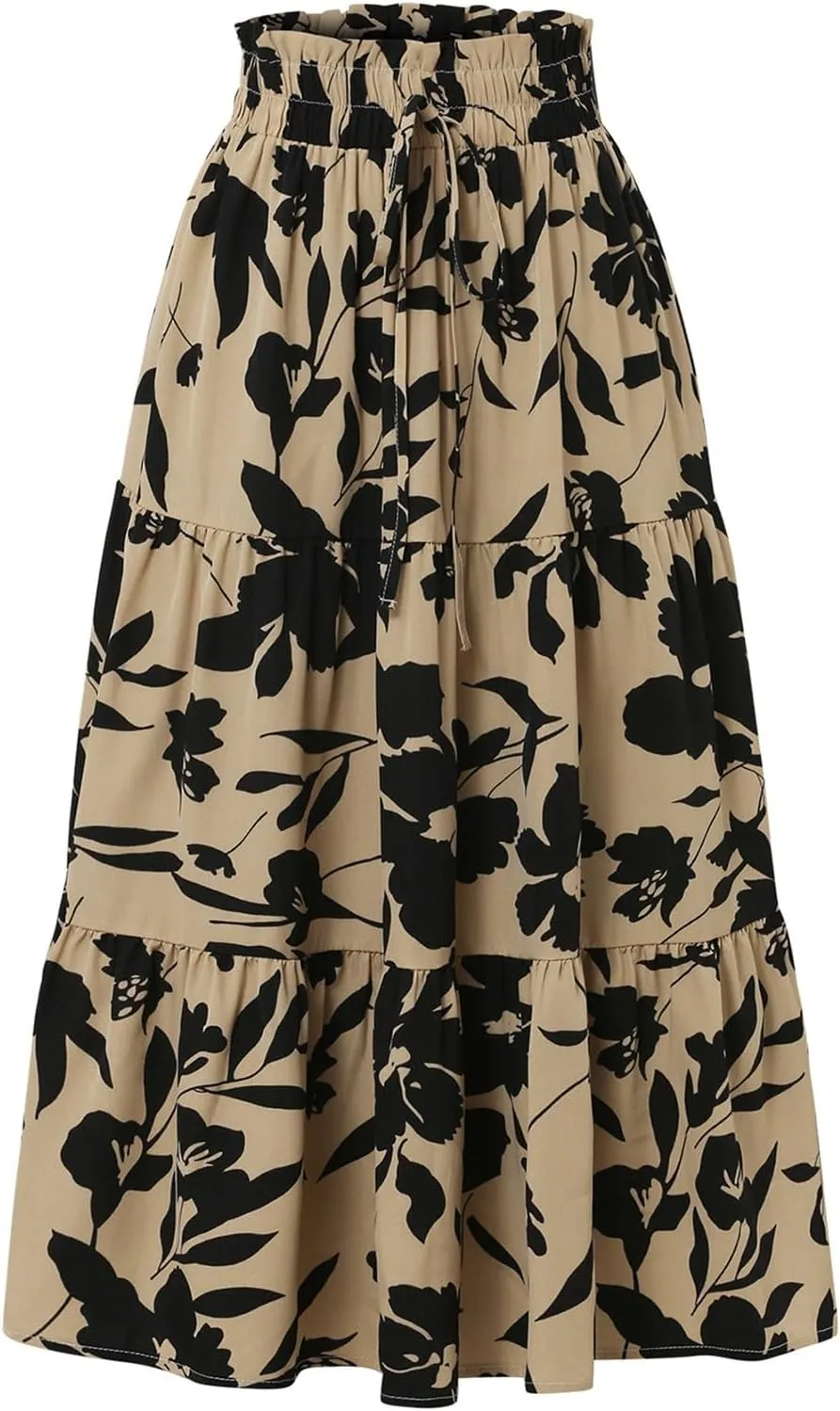 Summer Skirt for Women Comfy Tiered Elastic High Waisted Pleated Skirts Vacation A-Line Flowy Swing Long Skirts