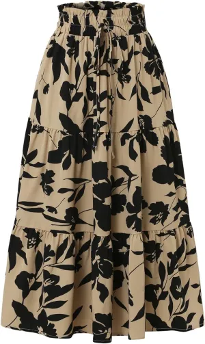 Summer Skirt for Women Comfy Tiered Elastic High Waisted Pleated Skirts Vacation A-Line Flowy Swing Long Skirts
