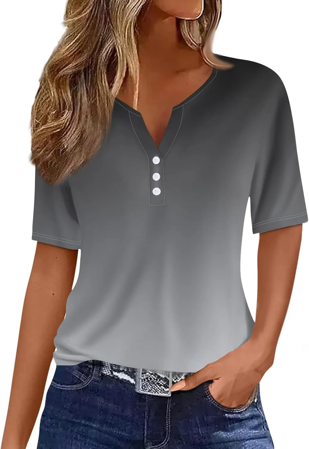 Summer Tops for Women 2025 Button V Neck Boho Short Sleeve Shirts Casual Loose Comfy Tunic Trendy Pullover