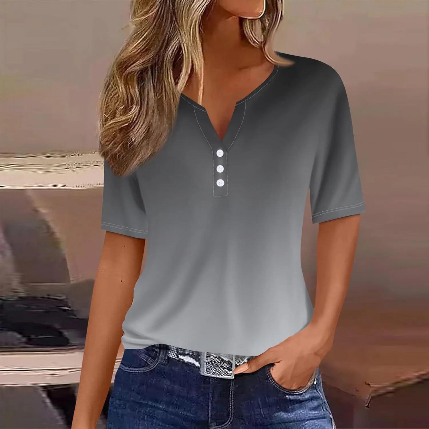 Summer Tops for Women 2025 Button V Neck Boho Short Sleeve Shirts Casual Loose Comfy Tunic Trendy Pullover