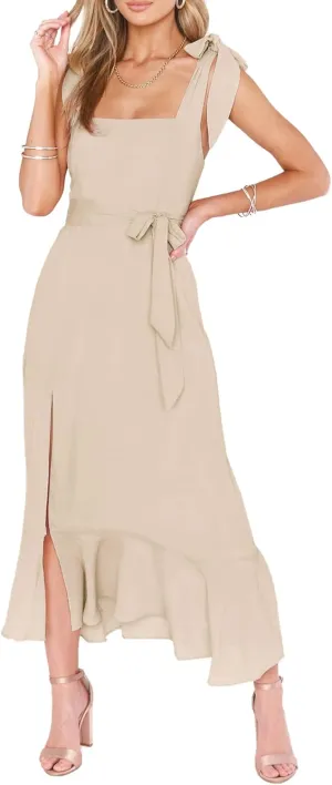 Summer Wedding Guest Dress: Womens Boho Side Split Maxi Beach Dress - Flowy Long Sundress for Vacation Party SE2311