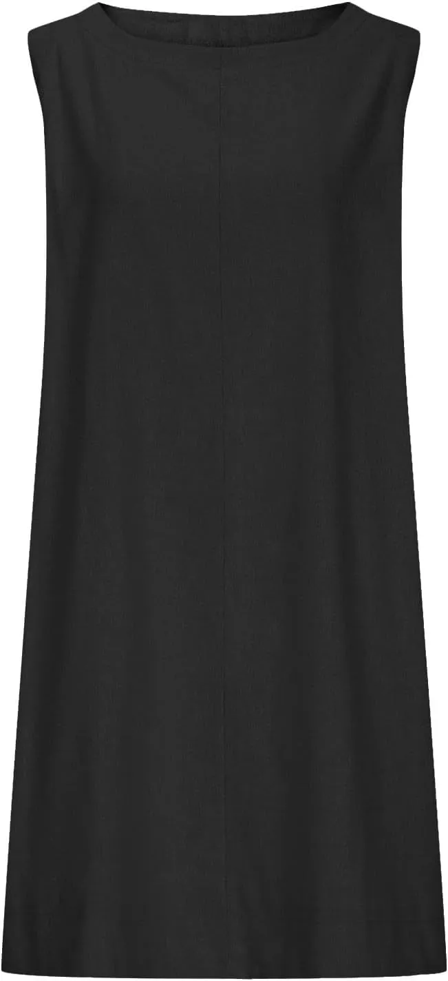 Sundresses for Women 2025 Solid Round Neck Sleeveless Tank Dress Casual Beach Vacation Cotton Linen Mini Dresses