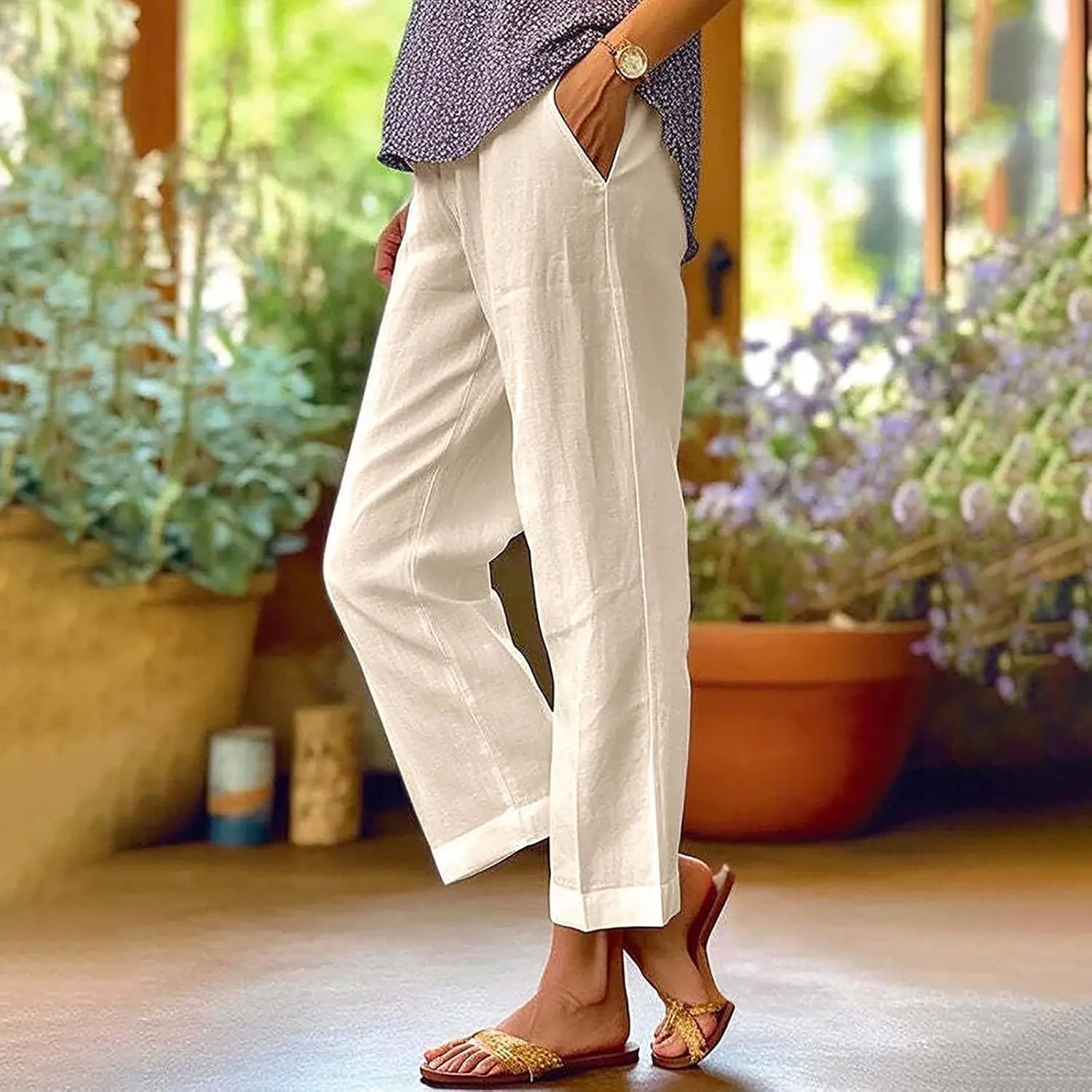 Sweat Pants for Womens Casual Cotton and Linen Long Pants Women Summer Boho Lightweight Palazzo Pants Yoga Pants