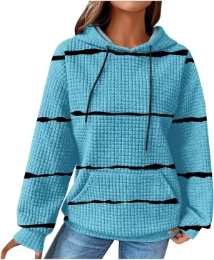 Sweatshirt for Womens Fashion Waffle Long Sleeve Striped Hoodies Casual Loose Lightweight Drawstring Pullover Shirts