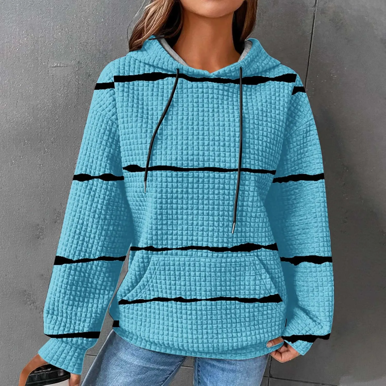 Sweatshirt for Womens Fashion Waffle Long Sleeve Striped Hoodies Casual Loose Lightweight Drawstring Pullover Shirts
