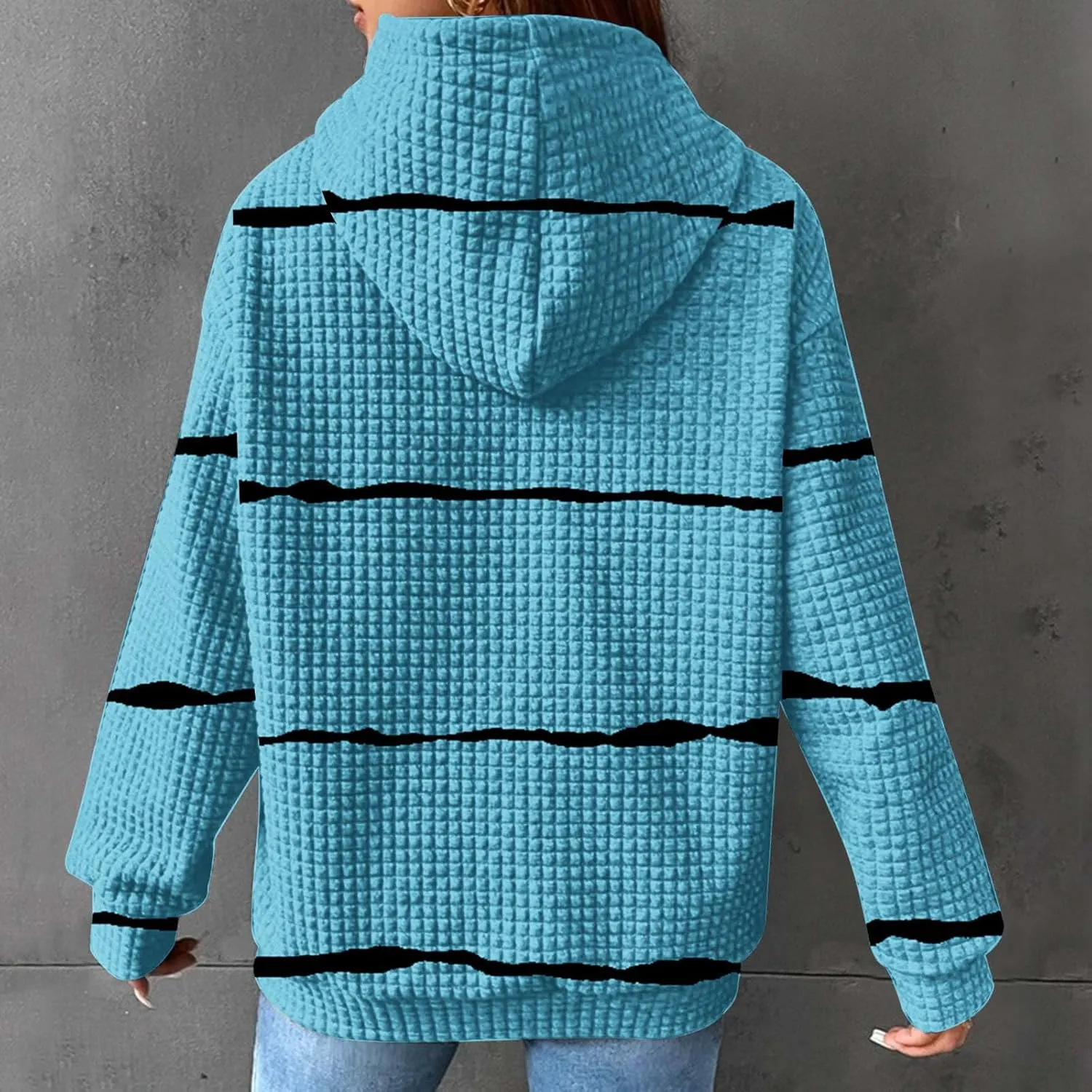 Sweatshirt for Womens Fashion Waffle Long Sleeve Striped Hoodies Casual Loose Lightweight Drawstring Pullover Shirts