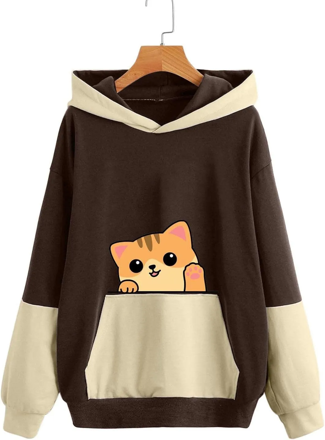 Sweatshirts for Women Trendy,Teen Girl Cute Cat Print Sweatshirt Long Sleeve Hoodies Color Block Hooded Fall Clothes