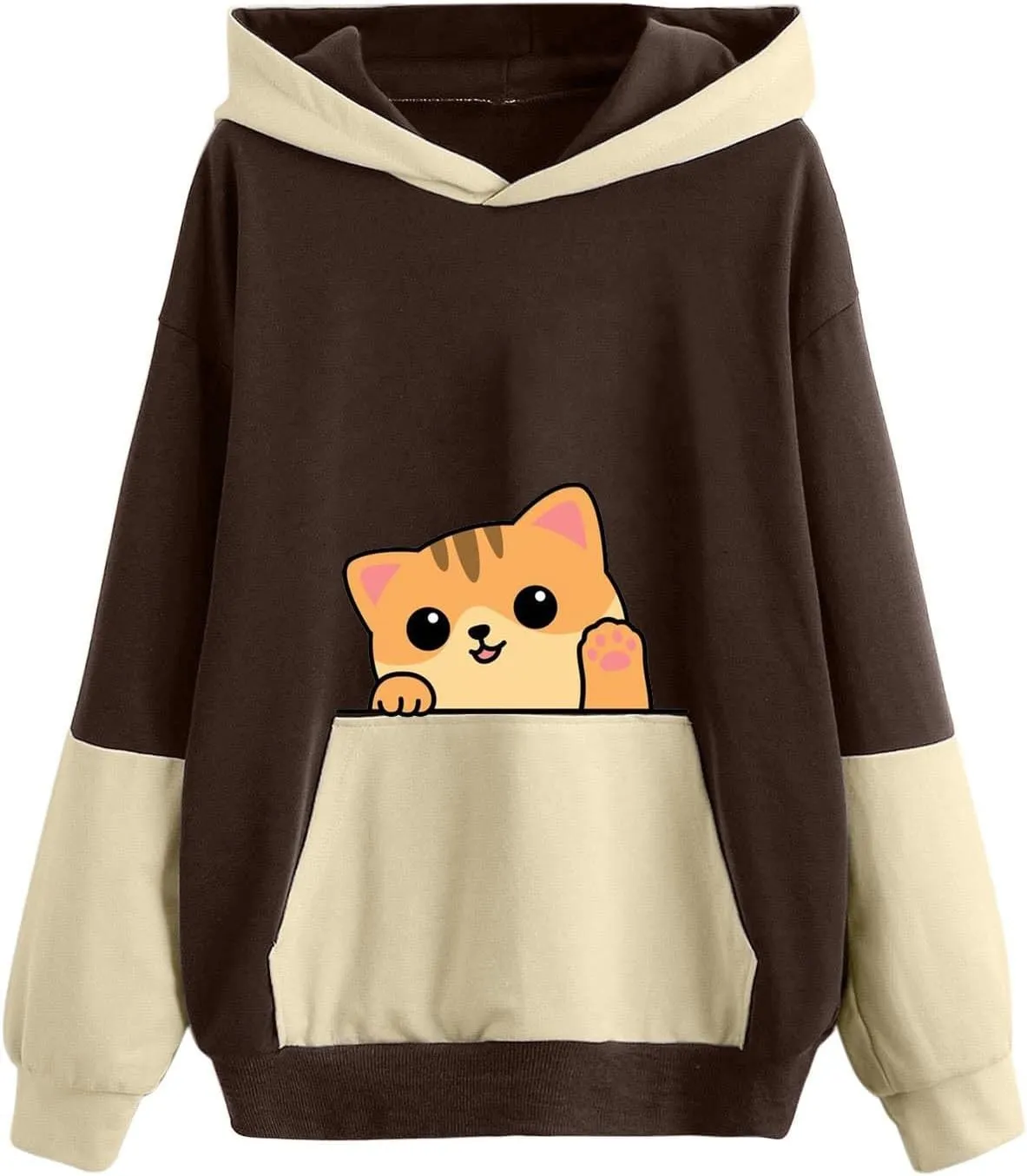 Sweatshirts for Women Trendy,Teen Girl Cute Cat Print Sweatshirt Long Sleeve Hoodies Color Block Hooded Fall Clothes