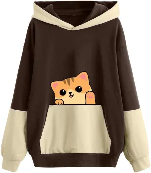 Sweatshirts for Women Trendy,Teen Girl Cute Cat Print Sweatshirt Long Sleeve Hoodies Color Block Hooded Fall Clothes