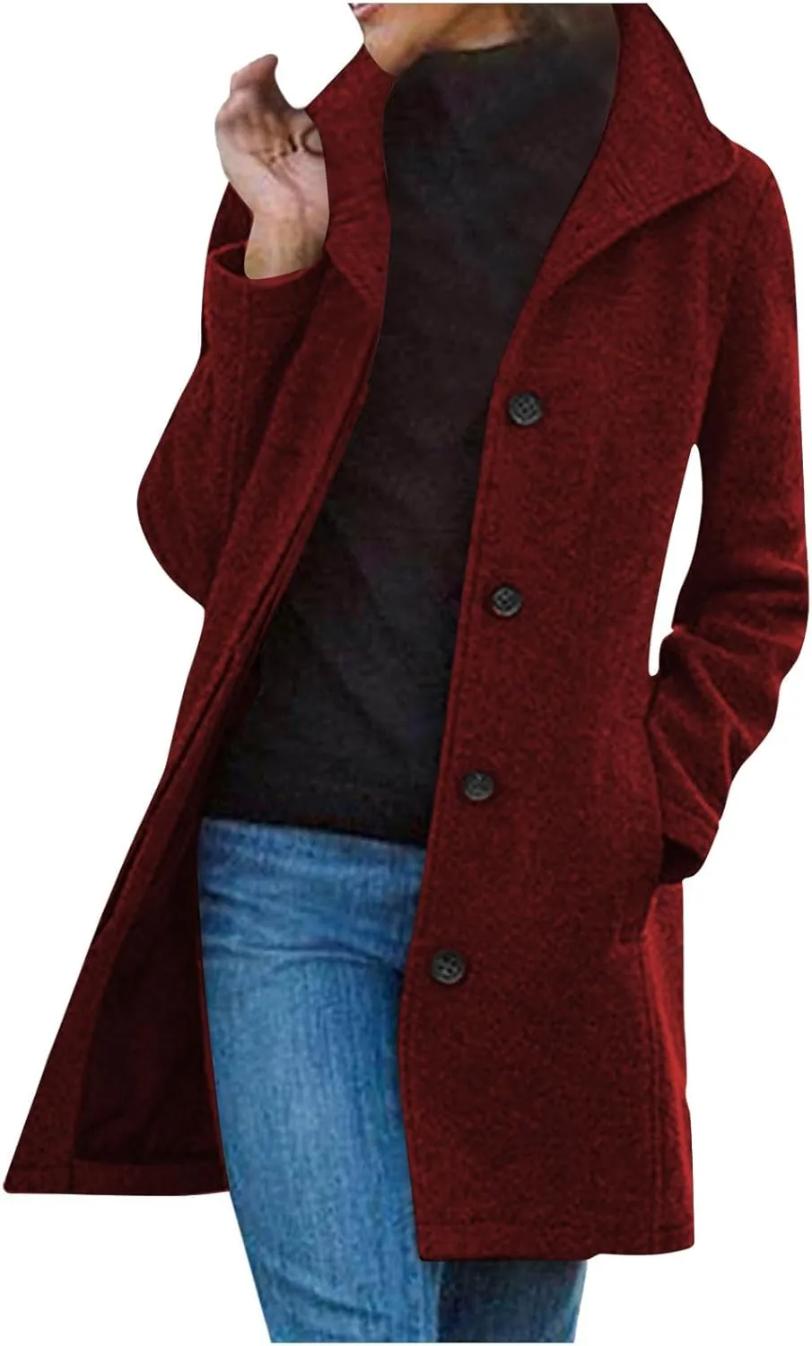 TANGNADE Women Stand Collar Single Breasted Mid Long Length Wool Blend Coat Business Peacoat Winter Warm Pea Coats Pocket