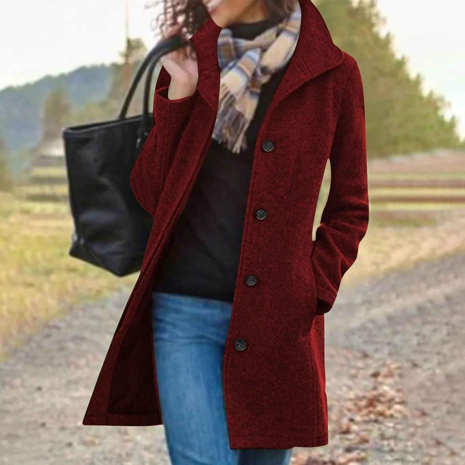 TANGNADE Women Stand Collar Single Breasted Mid Long Length Wool Blend Coat Business Peacoat Winter Warm Pea Coats Pocket