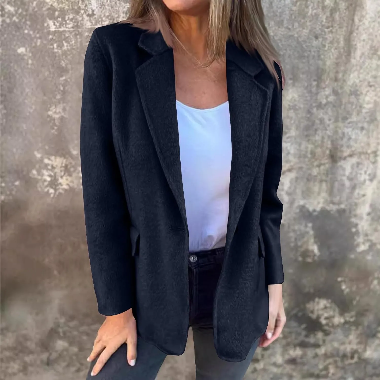 TANGNADE Women's Warm Coats Lapel Wool Coat Single Button Pea Coats Winter Wool Blend Blazer Jacket Trench Coat Outwear