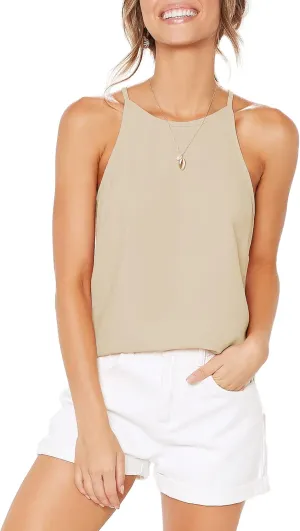 THANTH Womens Halter Tops Sleeveless Summer Strap Tank Tops High Neck Casual Cami Tops Tee