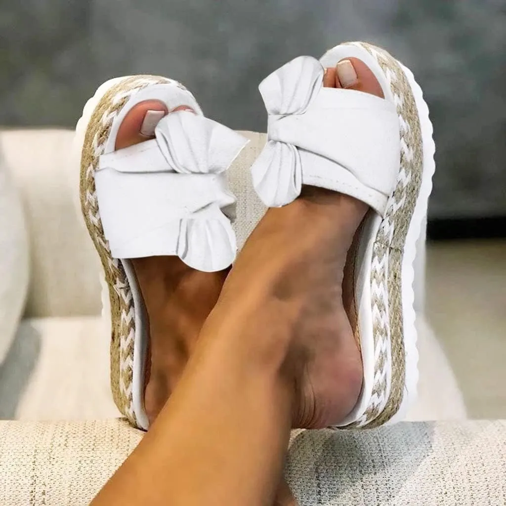Toe Bow Weave Summer Breathable Open Sandals Flat Slip On Shoes Women's Beach Women's Slider Strap Sandals