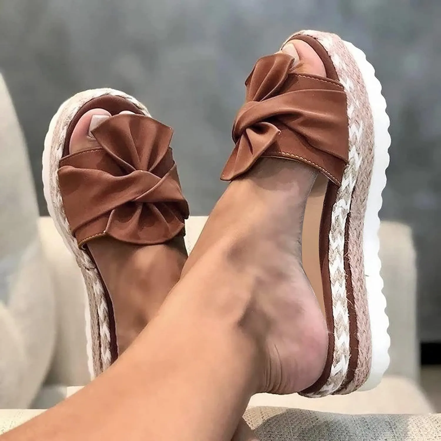 Toe Bow Weave Summer Breathable Open Sandals Flat Slip On Shoes Women's Beach Women's Slider Strap Sandals