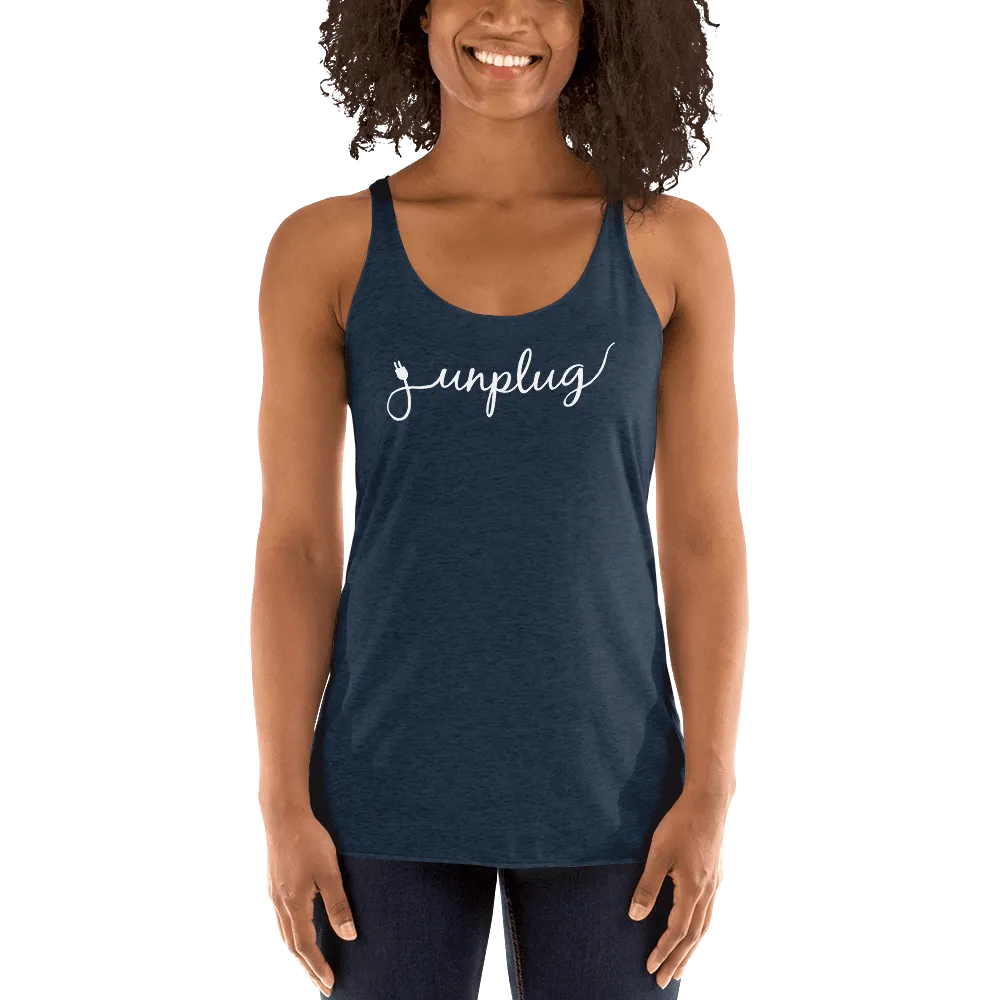 Unplug - Gentle Reminders - White text -  Women's Racerback Tank