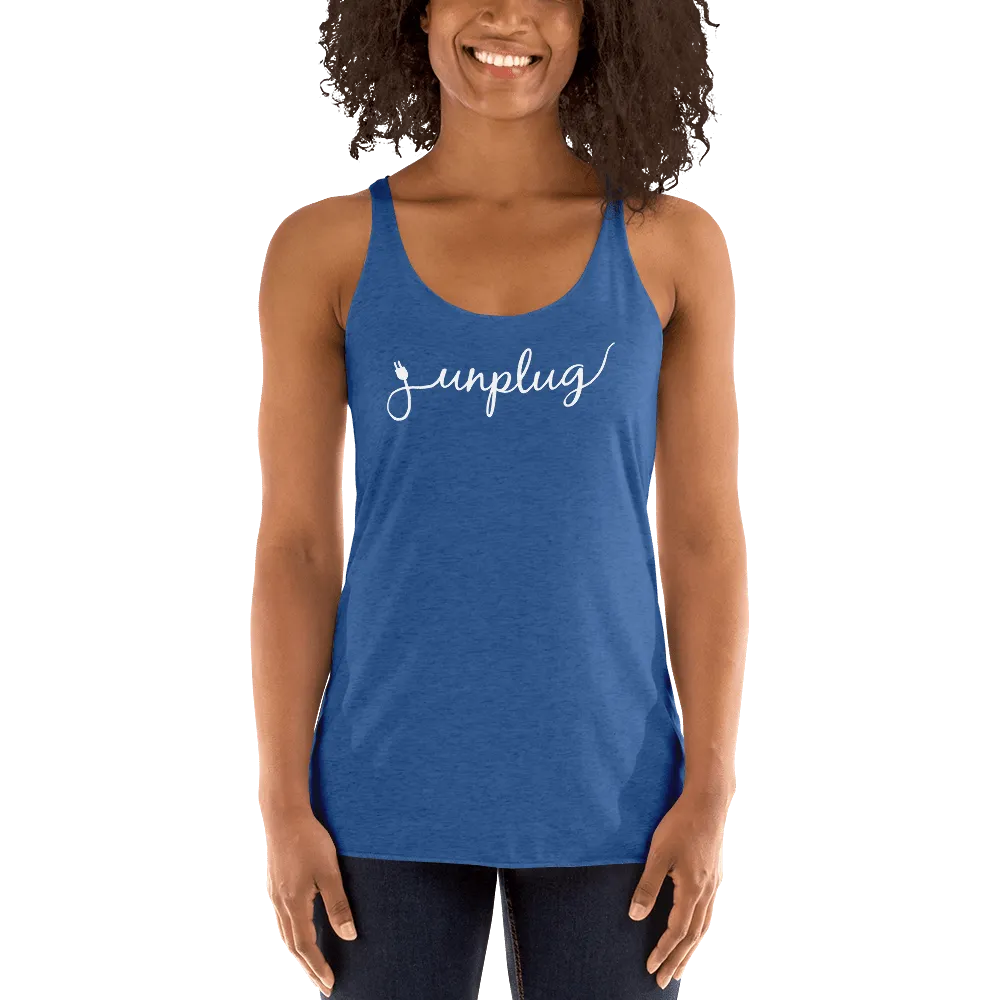 Unplug - Gentle Reminders - White text -  Women's Racerback Tank