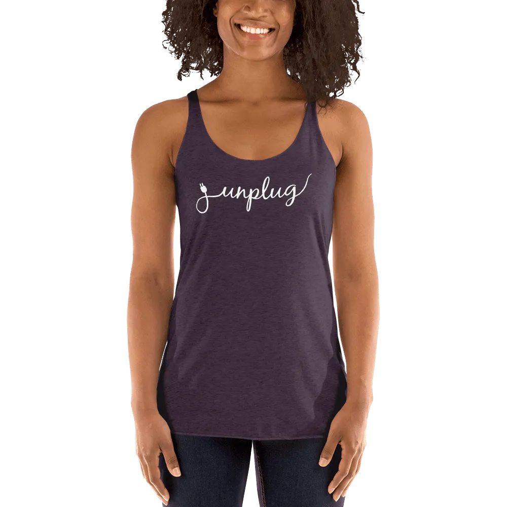 Unplug - Gentle Reminders - White text -  Women's Racerback Tank
