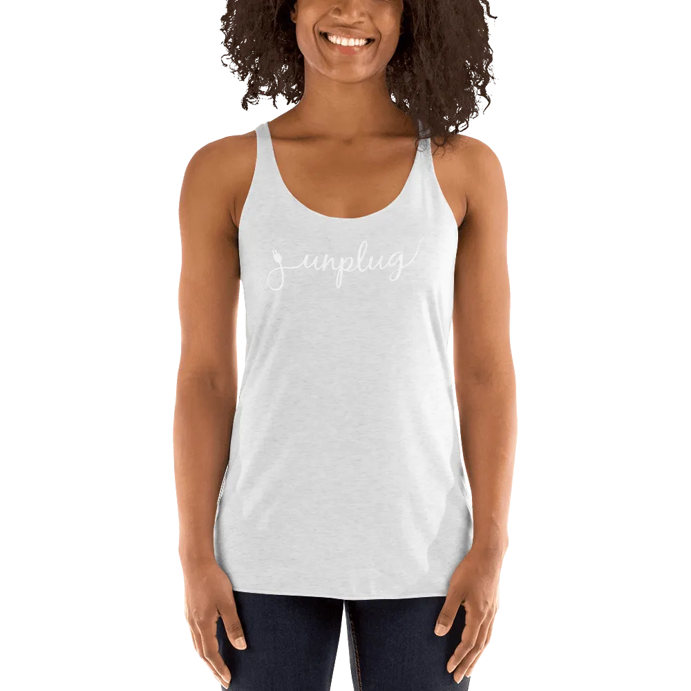 Unplug - Gentle Reminders - White text -  Women's Racerback Tank