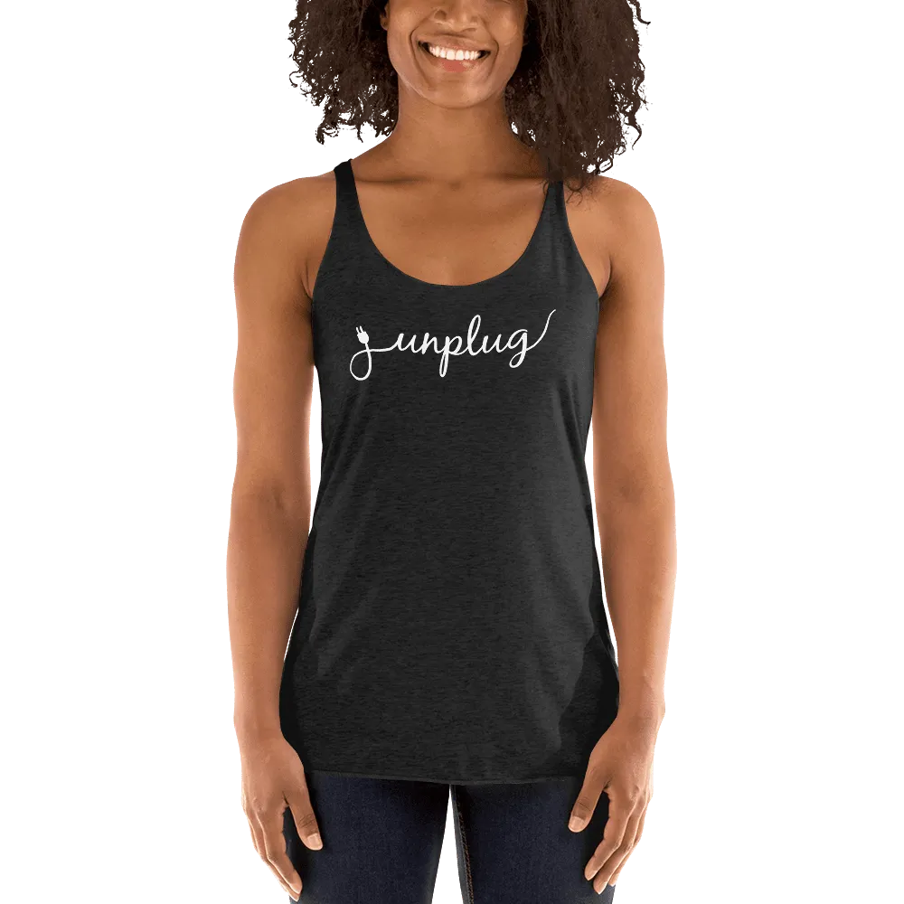 Unplug - Gentle Reminders - White text -  Women's Racerback Tank