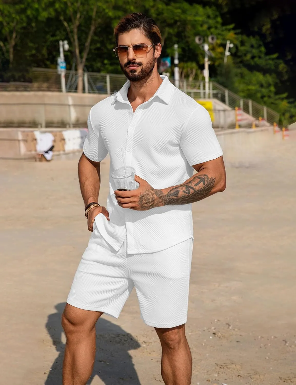 URRU Men's Shirt and Shorts Set Summer Outfits Short Sleeve Casual Button Down 2 Piece Shorts Set