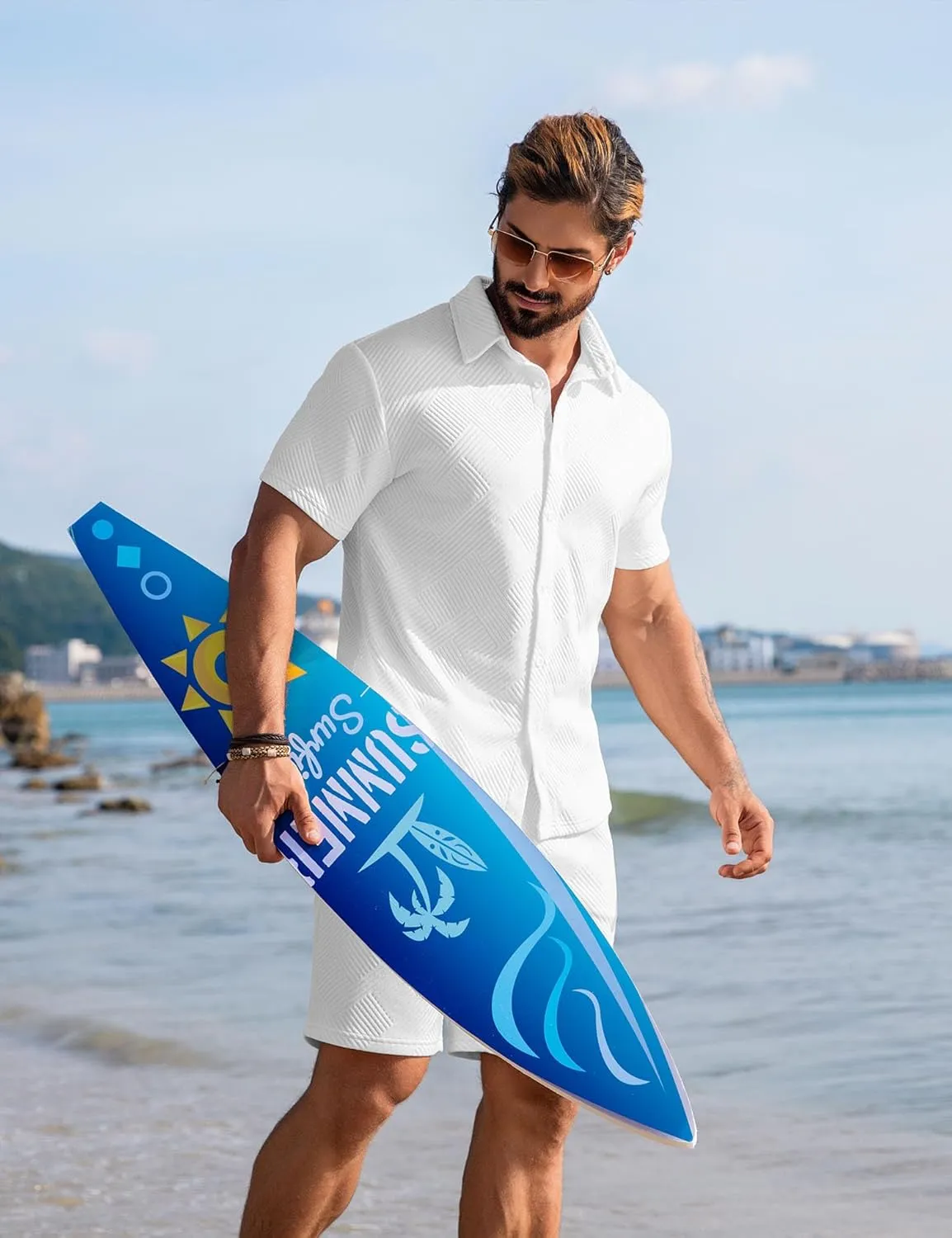 URRU Men's Shirt and Shorts Set Summer Outfits Short Sleeve Casual Button Down 2 Piece Shorts Set