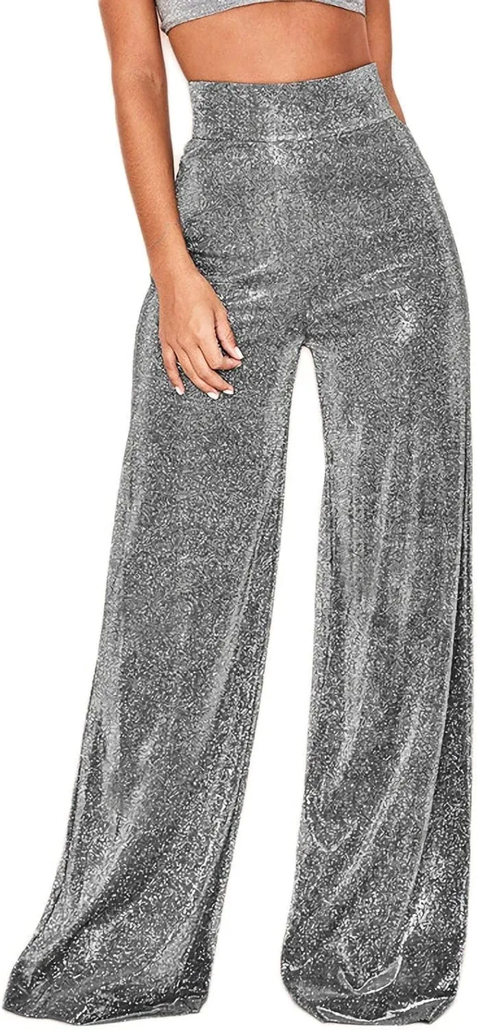 Velius Women's Sexy Velvet Sparkly Wide Leg Pants Trousers Clubwear with Pockets